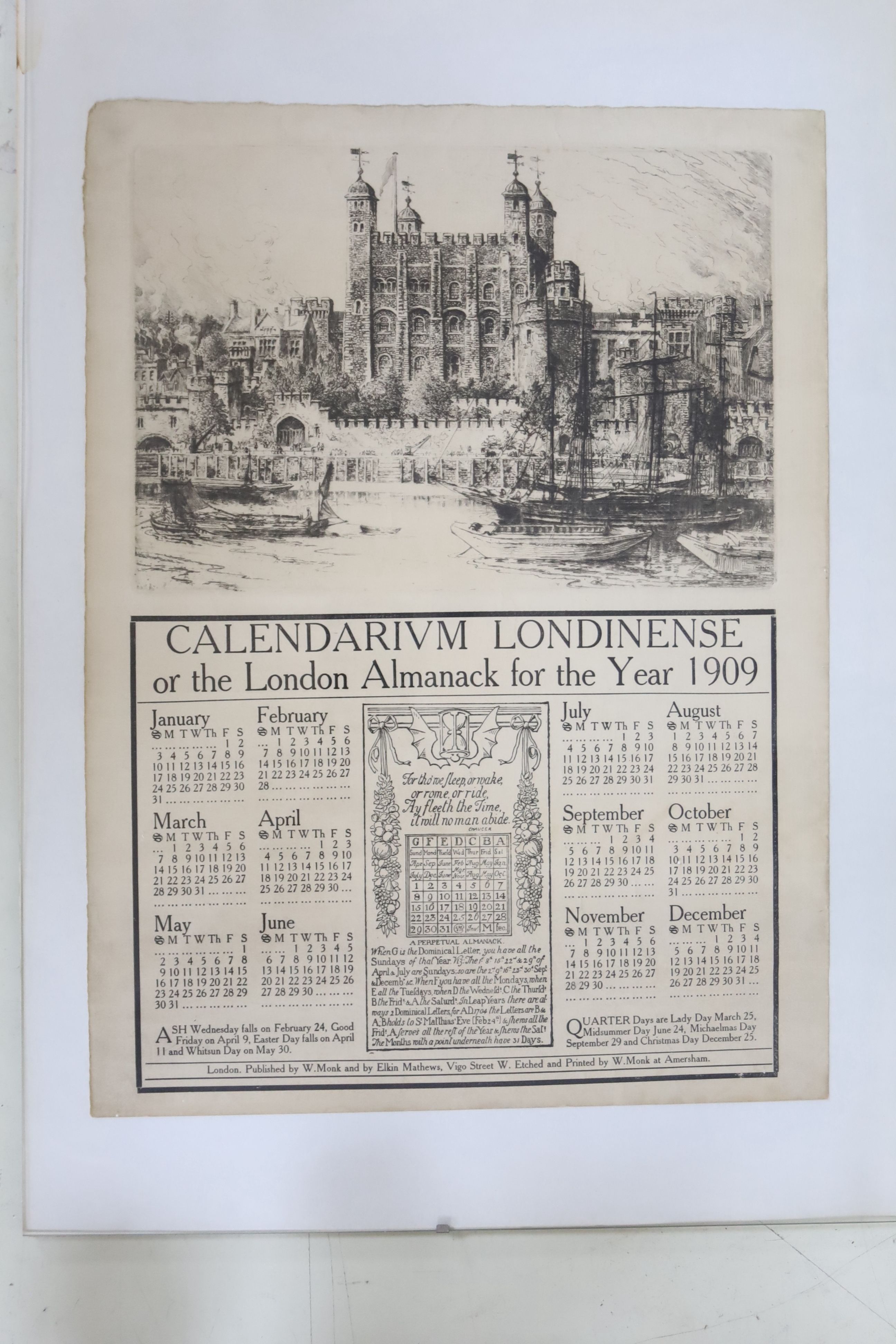 William Monk (1863-1937) Calendarium Londinense, or the London Almanac for the years 1907 and 1909, etched images of London